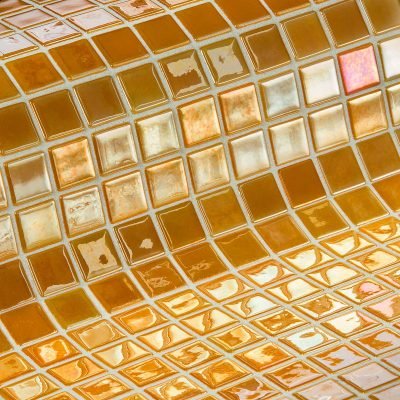 Aurum is a caramel metallic glass mosaic tile for bathrooms, backsplash, pools and spas.