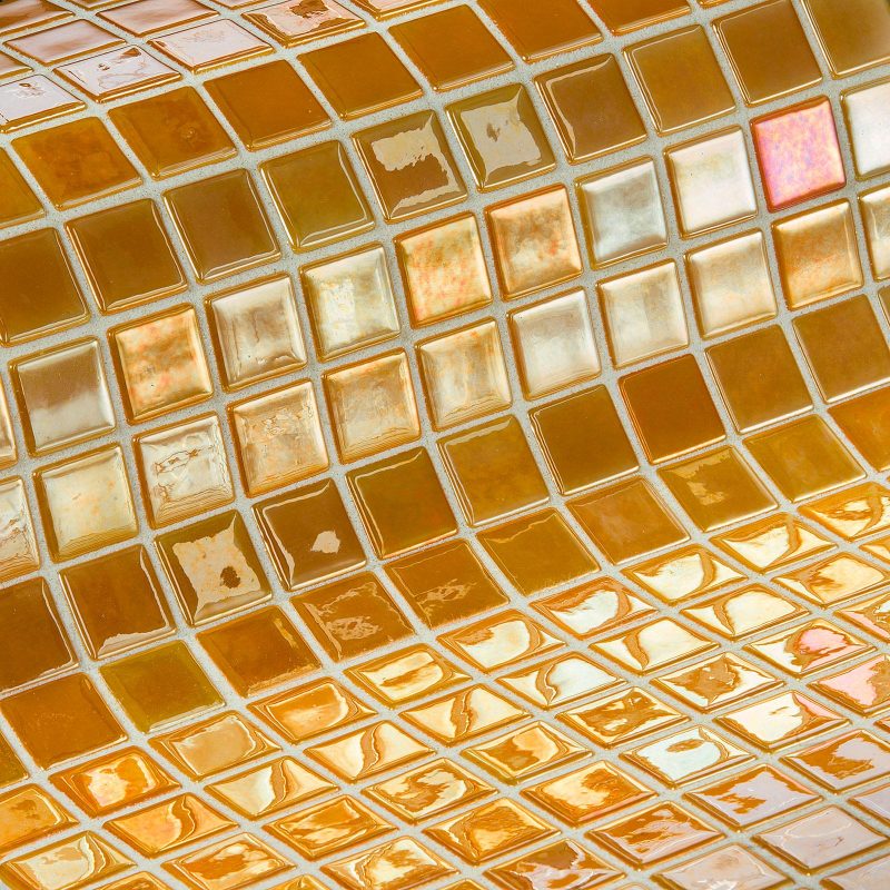 Aurum is a caramel metallic glass mosaic tile for bathrooms, backsplash, pools and spas.