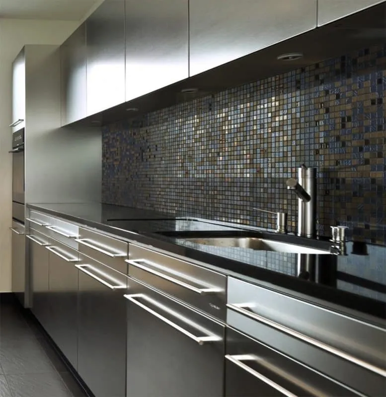 Glass mosaic tile from pooltile.ca installed on kitchen.