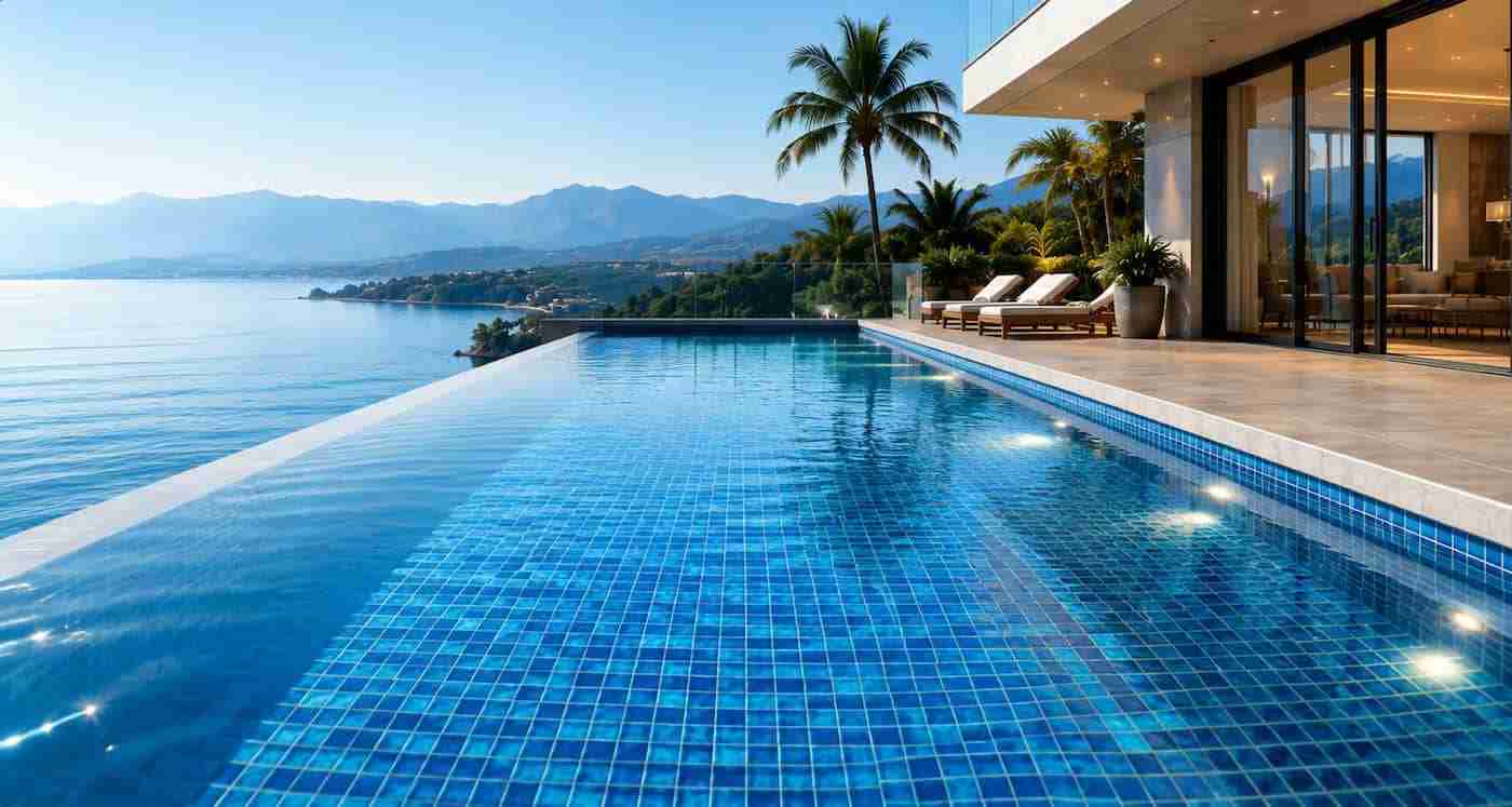 Luxury pool with blue mosaic tiles