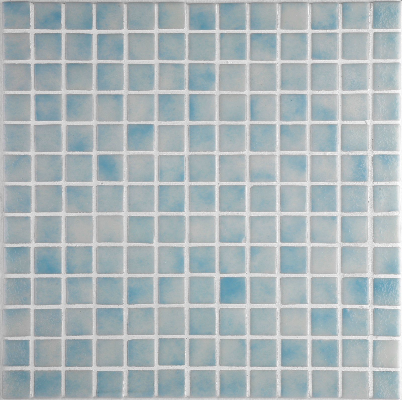 Mist pale blue glass mosaic pool tile, 1 x 1 in squares on a 12 x 19 in sheet